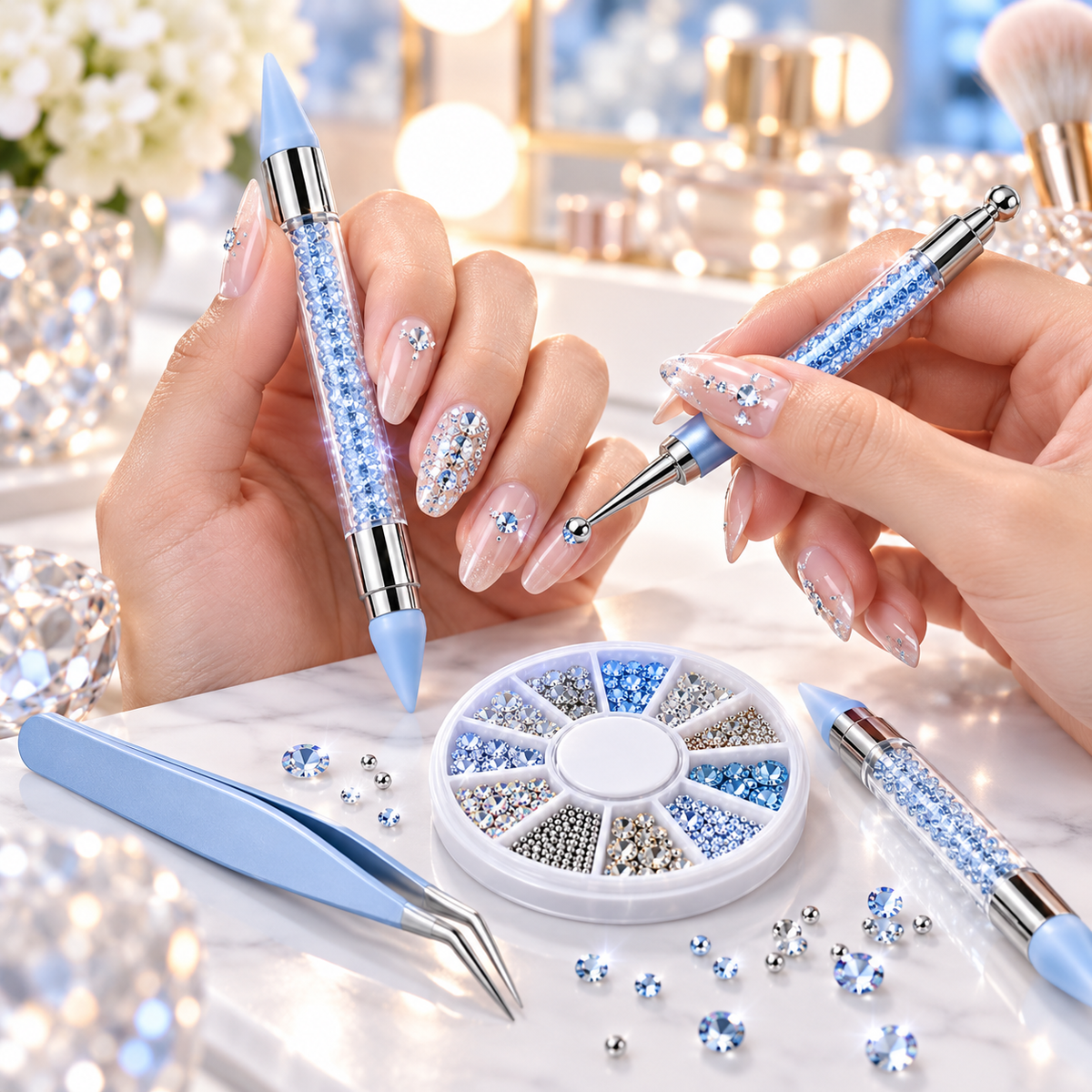 Rhinestone Nail Art Kit – Crystal Picker Pen, Tweezers & Nail Gems Set