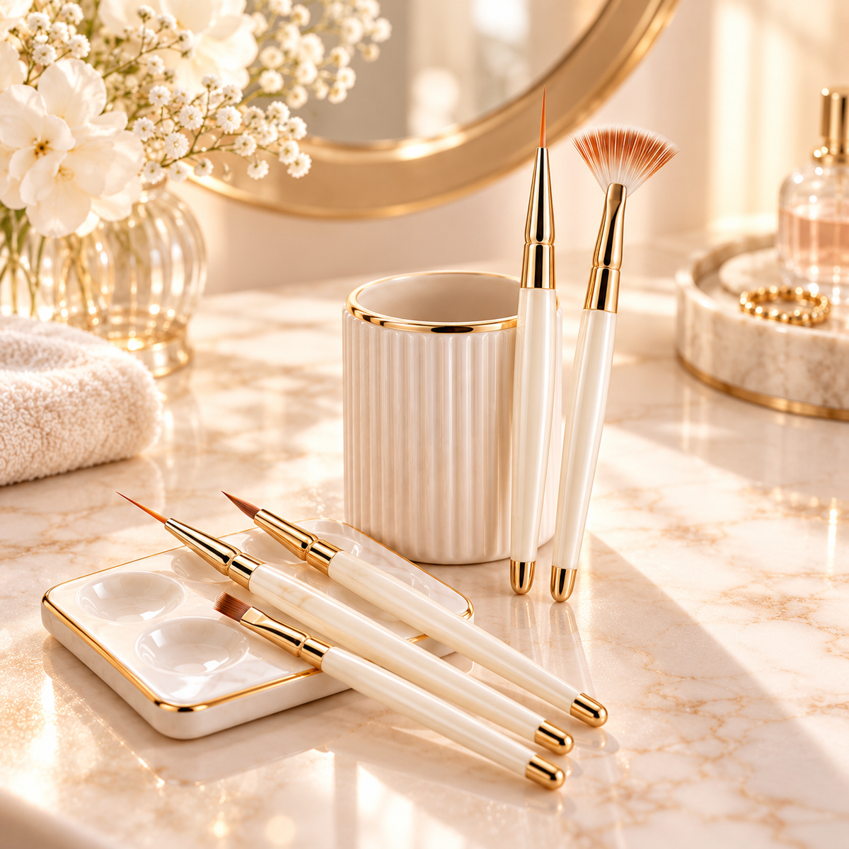 5-Piece Nail Art Brush Set – Precision Nail Painting Kit with Brush Holder & Mixing Palette