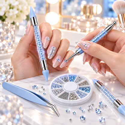 Rhinestone Nail Art Kit – Crystal Picker Pen, Tweezers & Nail Gems Set