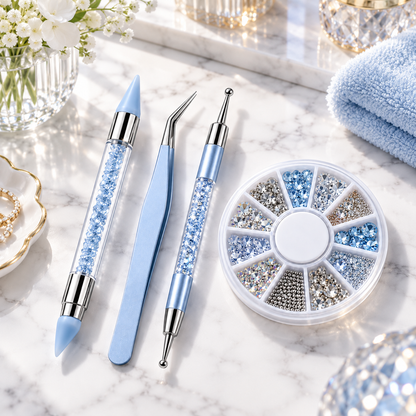 Rhinestone Nail Art Kit – Crystal Picker Pen, Tweezers & Nail Gems Set