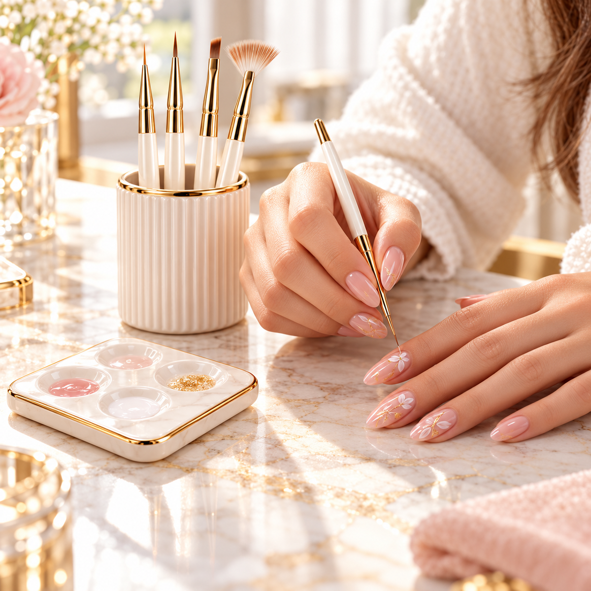 5-Piece Nail Art Brush Set – Precision Nail Painting Kit with Brush Holder & Mixing Palette