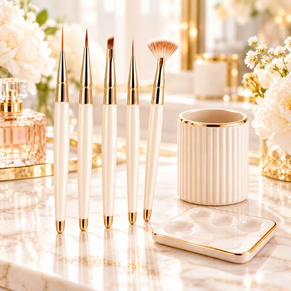 5-Piece Nail Art Brush Set – Precision Nail Painting Kit with Brush Holder & Mixing Palette